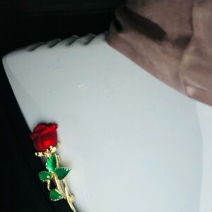 Red Rose Brooch with Green Leaves